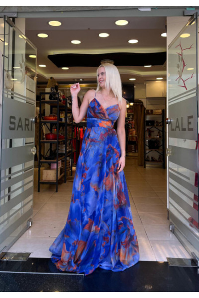 Carmen Saks Strap Back Cutout Printed Evening Dress