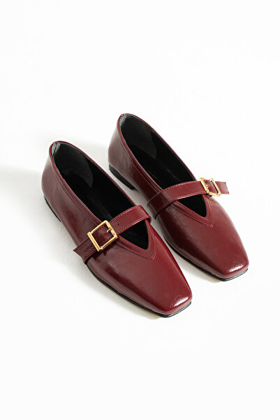 RevanStep Kadın Mary Jane Babet - Kare Burun Altın Tokalı Konforlu İç Taban B...