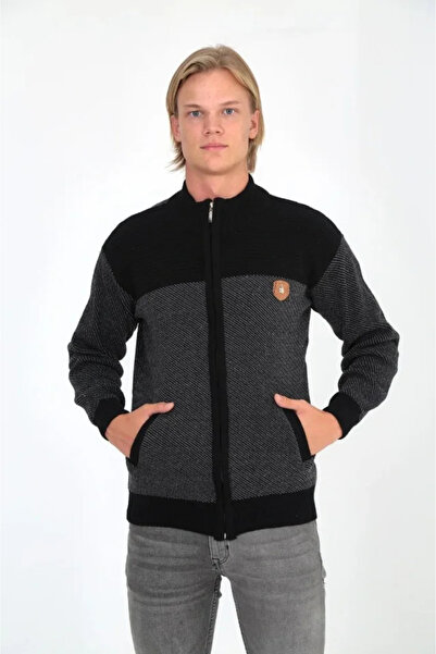 Kanonik Education Men's Zippered Knitwear Cardigan High Collar, Pockets, Casual Stylish Comfortable Fit Knitwear - Black