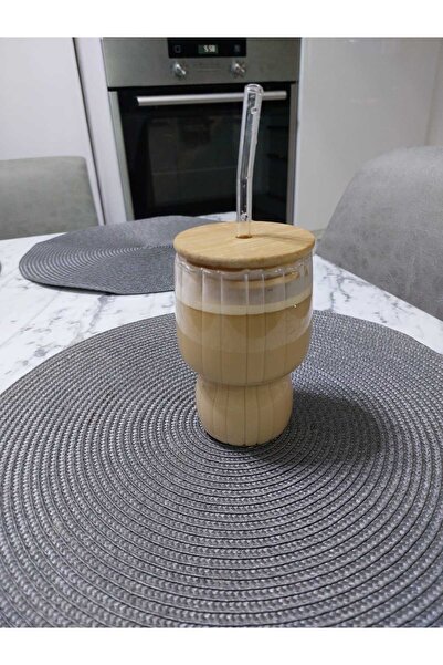 BLR كوب قهوة زجاجي بغطاء من الخيزران مع ماصة، كوب لاتيه مثلج مقاوم للحرارة، ك...