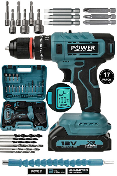 POWER BLACK 17 parça dijital göstegeli 2 bataryalı 1 şarj cihazlı matkap