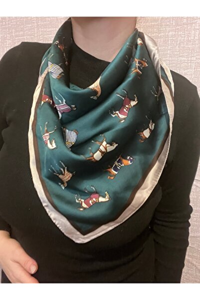 shop Green 70*70 Wrinkle-Free Satin Stylish Women's Scarf with an Animal Figure