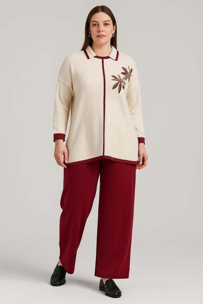 bezeXL Large Size Shoulder Flower Printed Knitwear Double Suit Claret Red