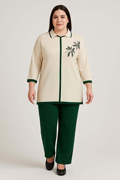 bezeXL Plus Size Shoulder Flower Printed Knitwear Double Suit Green