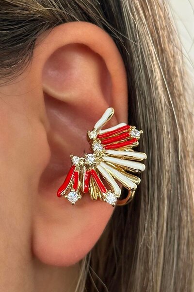 TAKIŞTIR Altın Renk Taş Detaylı 14K Altın Kaplama TX Ear Cuff (Tek)