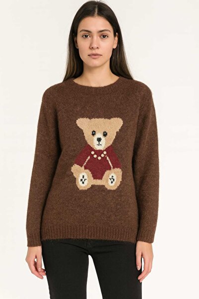 Diva Exclusive Fashion Pulover damă crem cu ursuleț decorativ și aplicații perle, model casual