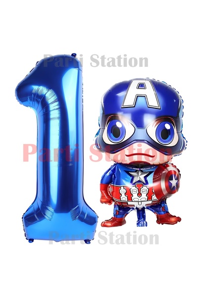 Parti Station مجموعة بالونات كابتن أمريكا بعمر سنة واحدة باللون الأزرق الداكن