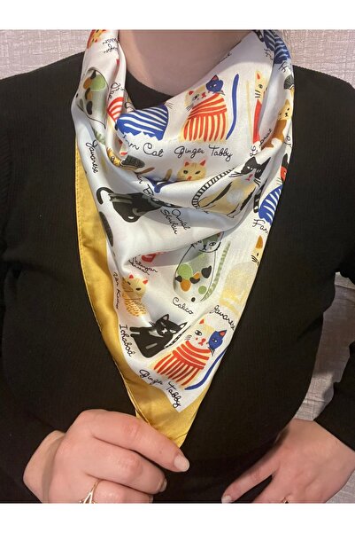 shop Colorful Cat Modeled 70*70 Non-Wrinkle Satin Stylish Women's Scarf