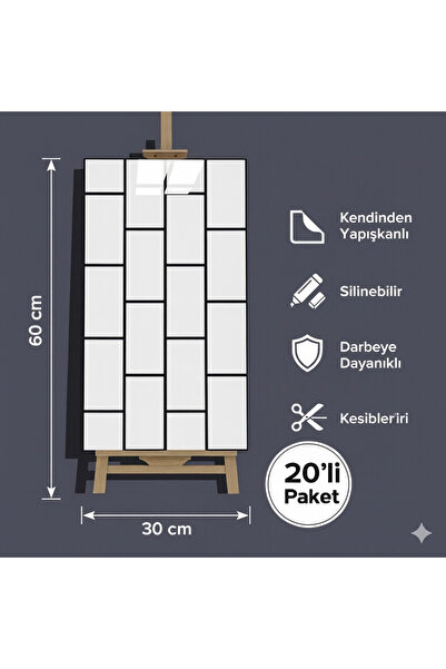 FiR&MeL Home 20’li paket Kendinden Yapışkanlı Duvar Paneli 30x60 cm Beyaz Tuğ...