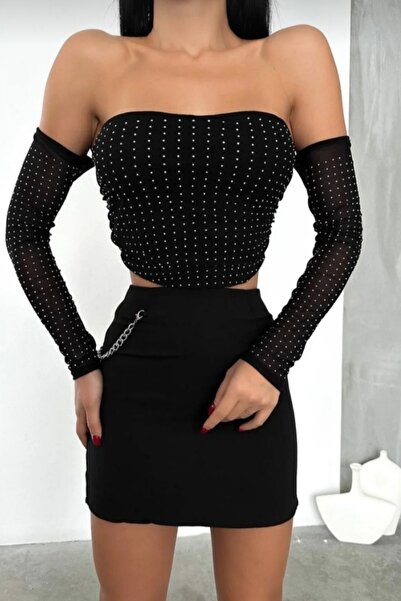 Safgiyim44 Women's Black Jewelled Tulle Blouse