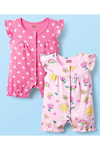 Babyhug رومبر 100٪ قطن مزين بأكمام مكشكشة بطبعة قلوب وأزهار (عبوة من 2 قطعة) ...