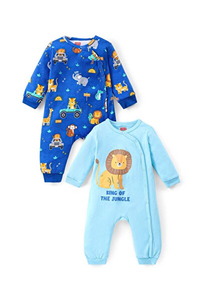 Babyhug 100% Cotton Knit Full Sleeves Front Open Rompers with Animal Print Pack of 2 - Blue & Sky