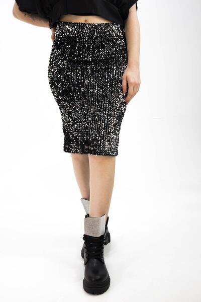 lil amore Sequin & lined knee-length pencil skirt - 60 cm long evening skirt Stretch Fabric & flexible sequin skirt silver