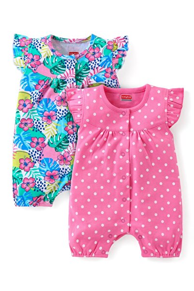 Babyhug رومبر بأكمام مكشكشة 100٪ قطن بنقشة نقاط البولكا والزهور (عبوة من 2 قط...