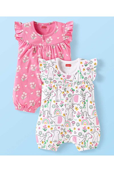 Babyhug جمبسوت قطني 100% بأكمام مكشكشة مفتوحة من الأمام بنقشة زهور، عبوة من ق...