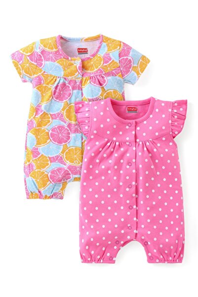 Babyhug جمبسوت قطني 100% بأكمام قصيرة، بنقشة منقطة وفواكه (عبوة من قطعتين) - ...