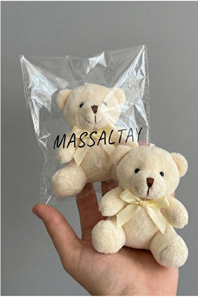 Massaltay سلسلة مفاتيح على شكل دمية دب قطيفة مع تفاصيل فيونكة كريمية - زينة ج...