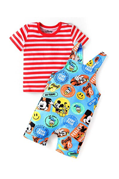 Babyhug Disney T-Shirt and Dungaree Set with Mickey Mouse Graphic - Red & Blue