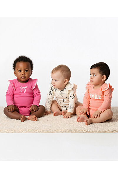 Bonfino 100٪ قطن محبوك نسيج مضلع أكمام طويلة أونيسيس بو 3 قطع - برقوق/وردي/عاجي