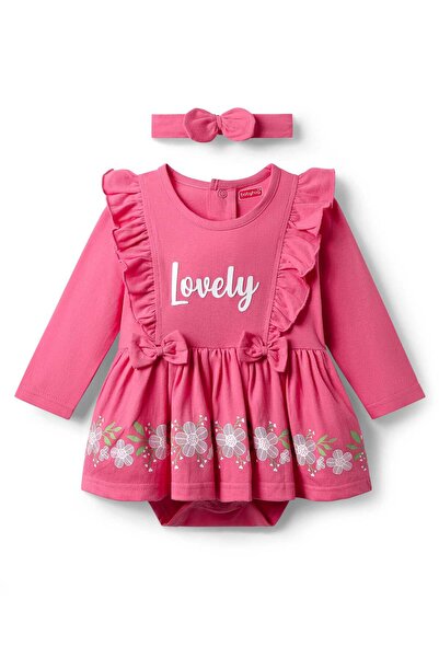 Babyhug 100% Cotton Frock Style Onesie with Floral Print Bow Applique and Headband - Pink