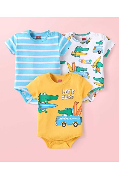 Babyhug ملابس داخلية قطنية محبوكة 100% بأكمام نصفية، مزينة بخطوط وطبعة ديناصو...