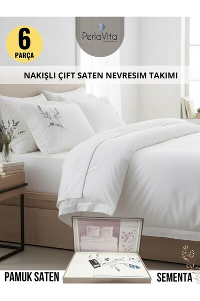 Dantela Sementa Nakışlı&El-işi Pamuk Saten Nevresim Takımı - Lacivert 6 parca