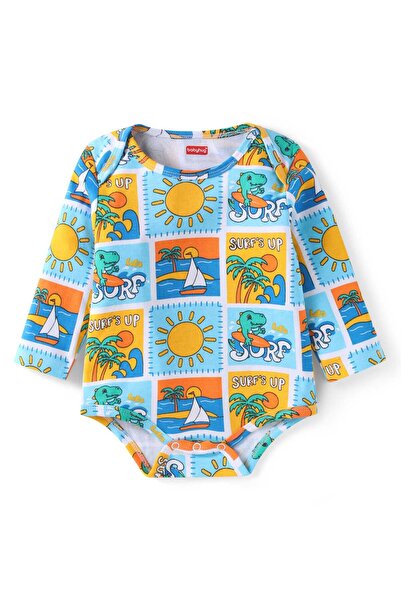 Babyhug Onesie with Dino & Beach Theme Print - Light Blue