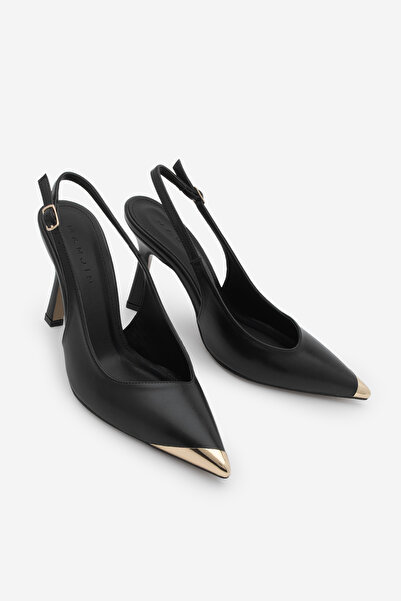 Marjin Women's Stiletto Pointed Toe Gold Detailed Open Back Heeled Shoes Süvat Black