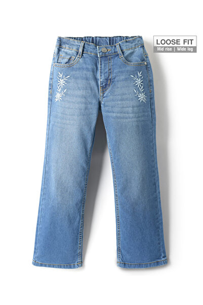 Pine kids Woven Full Length Washed Denim Jeans With Floral Embroidery - Light...