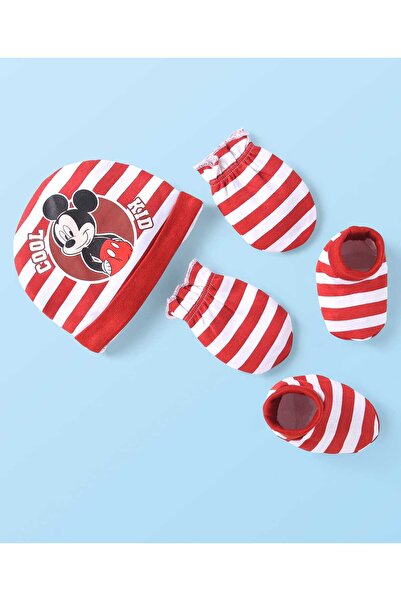 Babyhug Disney طقم قبعة وقفازات وجوارب مزينة برسومات وخطوط ميكي ماوس - أحمر (...