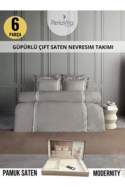 Dantela Montana Nakışlı Pamuk Saten Nevresim Takımı - Kahve 6 parca