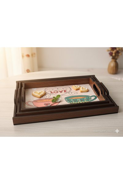 Altın express 3-Dimensional Love Wooden Mdf Tea Coffee Presentation Tray Set - Nested Ethnic Patterned Serving Tray