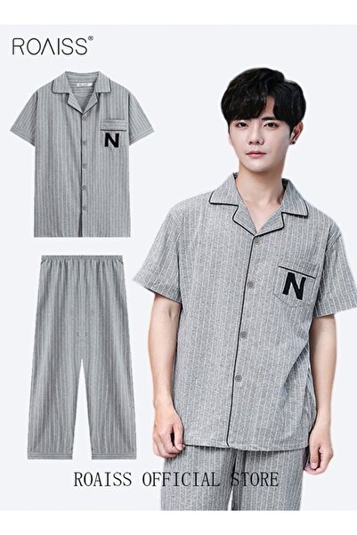 ROAISS طقم بيجاما رجالي من قطعتين، مصنوع من القطن، يتكون من تيشيرت بأكمام قصي...