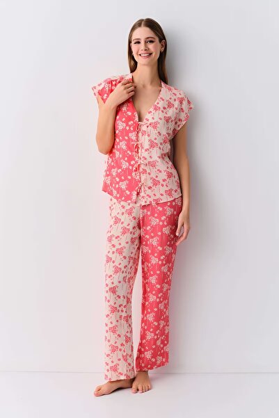 DREAM FASHION Pink Florence Shirt Collar Pajama Set