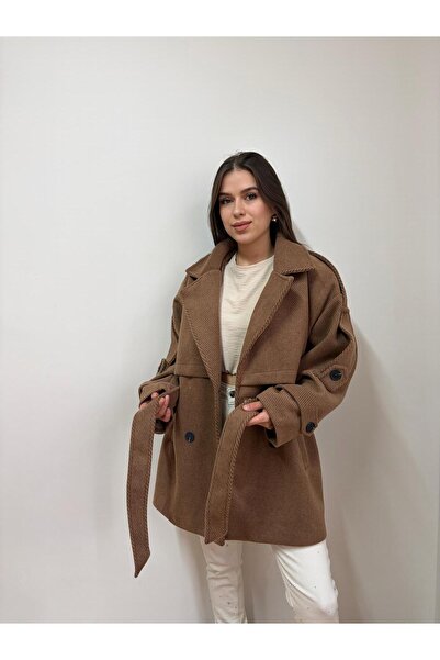 Nazline Brown Cream Color Fish Back Patterned Oversize Standard Size Lined Short Coat