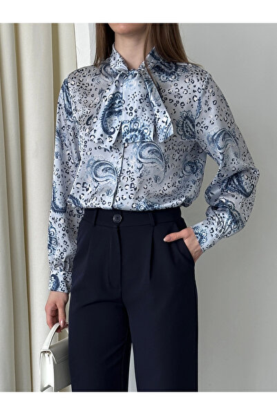 SHEVOLA Kadın Fiyonklu Dijital Baskı Desenli Saten Gömlek