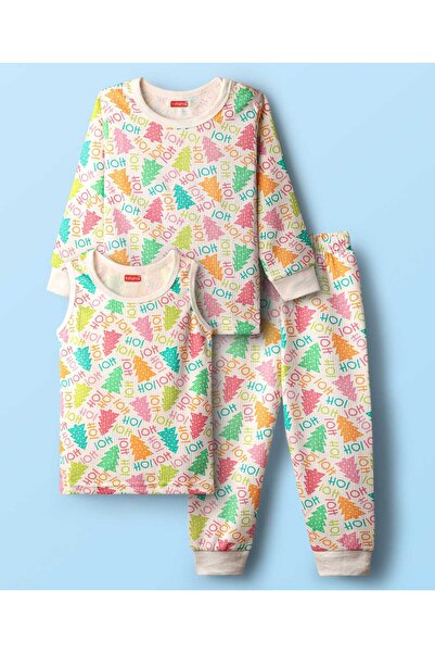 Babyhug طقم من بلوزة حرارية بأكمام طويلة وسترة وسروال مزين بنقشة أشجار - أبيض...