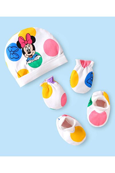 Babyhug Disney Interlock Knit Cap Mittens and Booties Set with Minnie Mouse G...