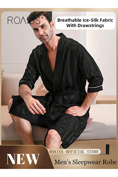 ROAISS Soft Skin Friendly Robe for Men with Drawstrings Men's Stripe Print Br...