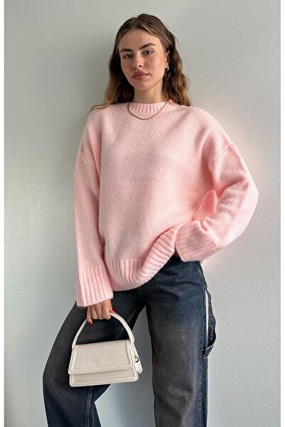 MODA BORSASI Crew Neck Oversized Sweater Pink