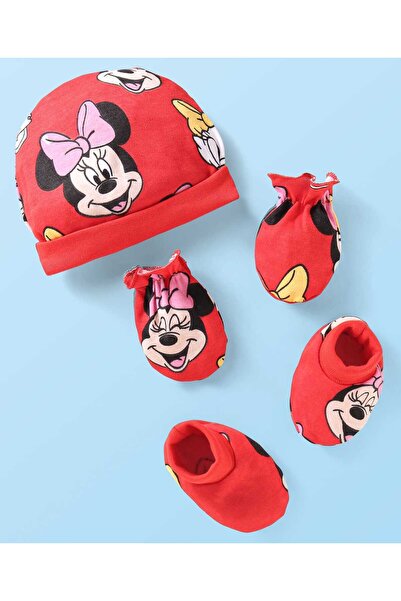 Babyhug Disney طقم قفازات وقبعات محبوكة متشابكة مع رسومات ميني ماوس - أحمر