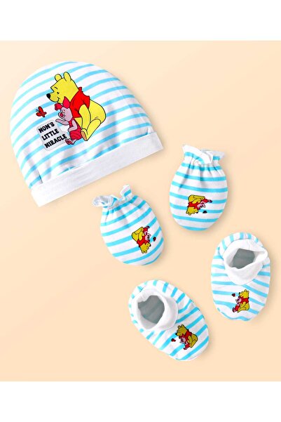 Babyhug Disney طقم قبعة وقفازات وجوارب مخططة ورسومات ويني ذا بو - أبيض وأزرق ...