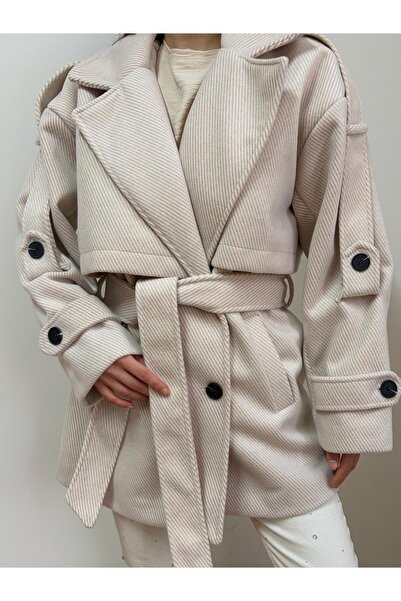 Nazline Brown Cream Color Fish Back Patterned Oversize Standard Size Lined Short Coat