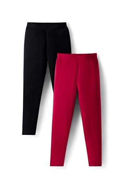 Pine kids بنطلون ضيق قطني محبوك طويل بلون موحد، عبوة من قطعتين - عنابي وأسود