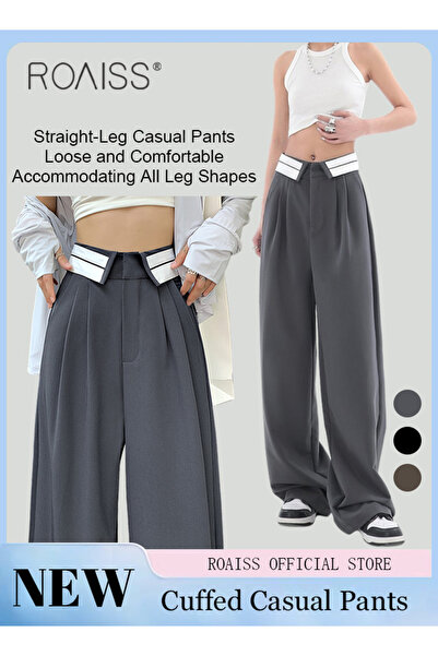 ROAISS بنطلون نسائي فضفاض بقصّة واسعة وواسعة الساقين بتصميم فضفاض وواسع عند الحافة لإطلالة أنيقة