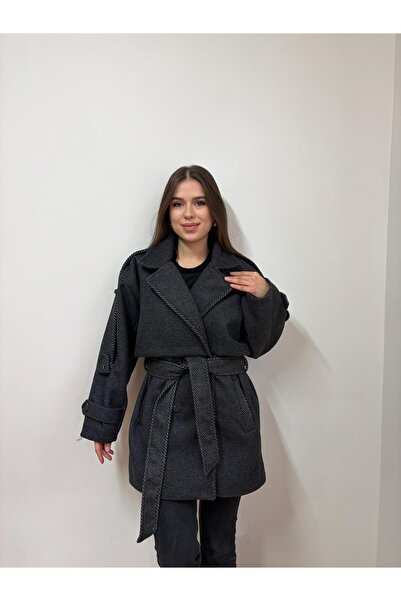 Nazline Brown Cream Color Fish Back Patterned Oversize Standard Size Lined Short Coat