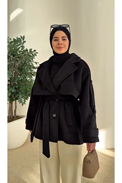 charme butik Women's Premium Quality Buttoned Belted Medium Length Cashmere Coat