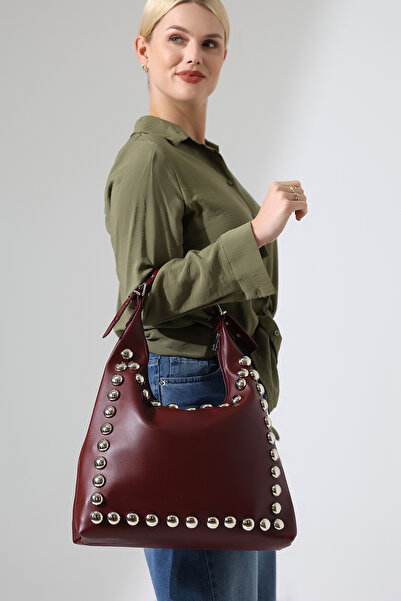 Encool Geantă de umăr pentru femei, bordeaux, cu detalii cu capse, elegantă și modernă