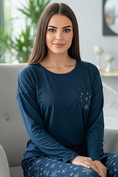 Pijamaevi Lacivert Abstract Floral Desenli Uzun Kollu Bambu Örme Kadın Pijama Takımı