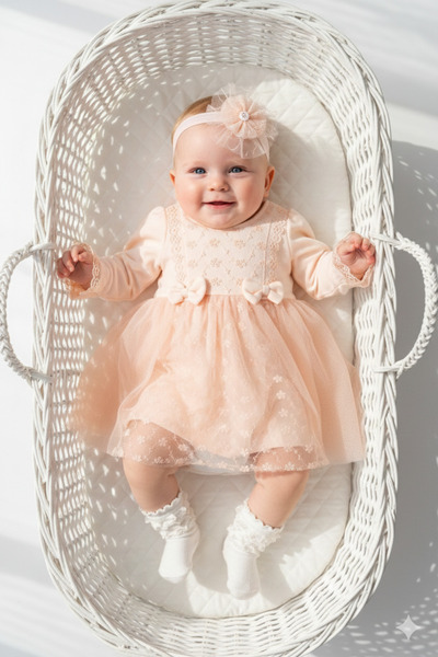 Miniday Baby Kız Bebek Mevlütlük Elbise Bandanalı Dantelli Yeni doğan Hastane...